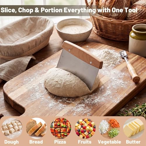 Chumia 2 Pcs Bench Scraper Stainless Steel Dough Cutter Wooden Handle