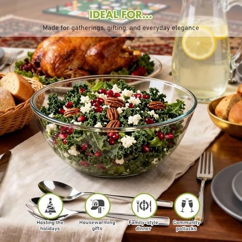 Greentainer 4.75 QT Large Borosilicate Glass Salad Bowl with Utensils