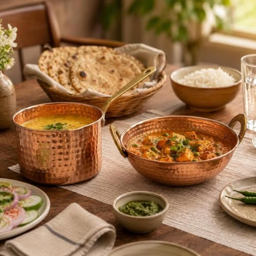 Copper Cookware Set of 2 Hammered Saucepan 1500ml & Kadai 800ml