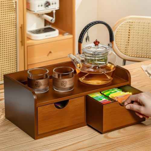 Acacia Wood Tea Bag Organizer with Drawer,Tea Organizers and Storage