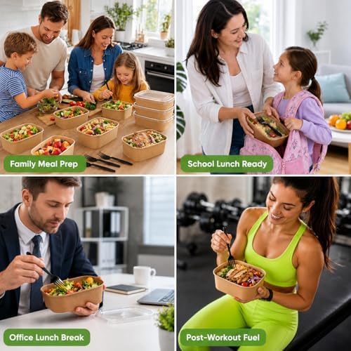 50 Disposable Meal Prep Containers 29oz Kraft Paper Bowls with Lids &
