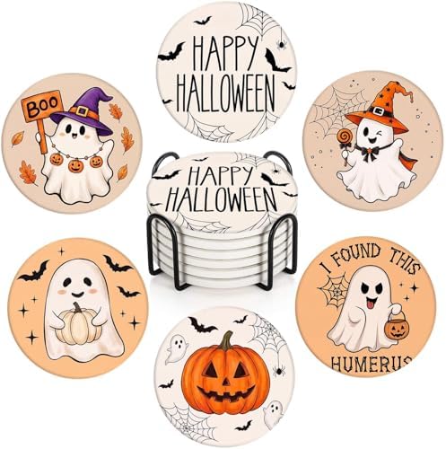 Halloween Ceramic Stone Coasters for Drinks, Set of 6, Kawaii Ghost