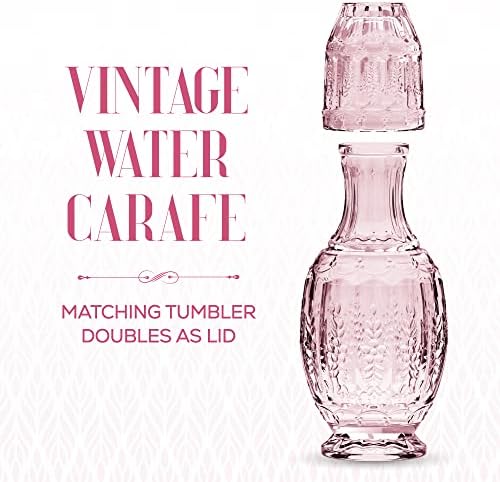Elle Decor Vintage Bedside Water Carafe Set with Tumbler Lid, Pink