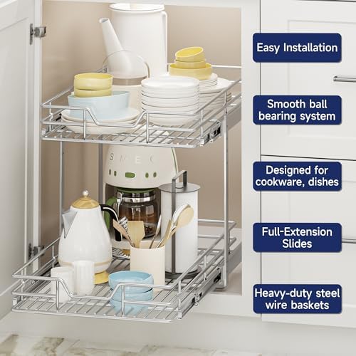 2-Tier Pull Out Cabinet Organizer, 13.5" W x 21.5" D, Heavy Duty Dual Slide Out Shelves for Base Cabinets, Chrome Wire Basket Drawer for Pantry, Kitchen & Bathroom Storage
