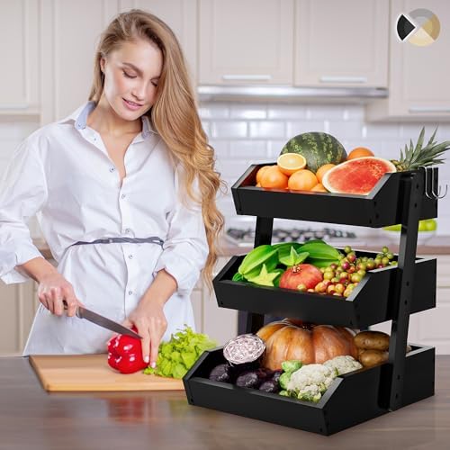 Black Bamboo 3 Tier Fruit Basket for Kitchen Counter with 2 Banana Hangers