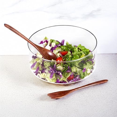 LiTY Glass Salad Bowl Set, 9′′ Medium Salad Servers with Acacia Wood