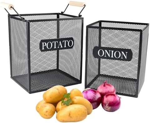 Set of 2 Potato and Onion Storage Bin, Metal Mesh Onion and Potato