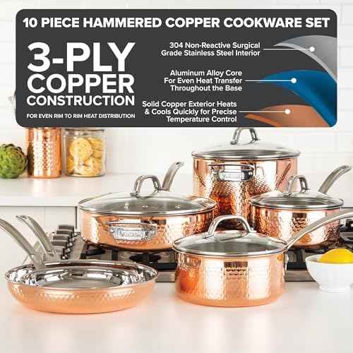 Viking 3-Ply Pots and Pans Set, 10 Piece Copper Kitchen Cookware with