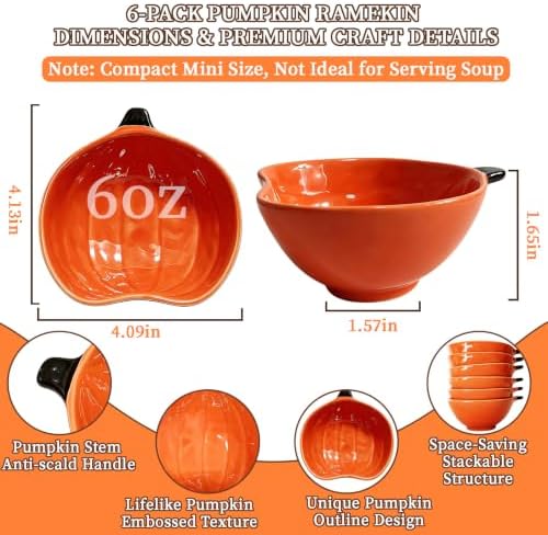 Orange Pumpkin Bowls,Set of 6, 6 oz Pumpkin Shaped Bowl Ceramic