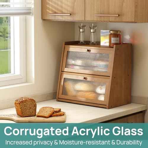 viewcare Extra Large Bread Box, Double Layer Bread Box for Kitchen Counter, Bamboo Wood Large Capacity Bread Storage Bin with Acrylic Wavy Door Panel