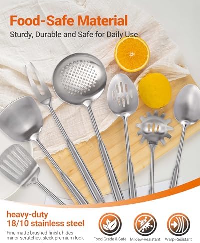 304 Stainless Steel Kitchen Utensils Set - 15PCS Long Metal Cooking