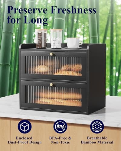Kitsure Wooden Bread Box for Kitchen Countertop, Large Capacity, Black