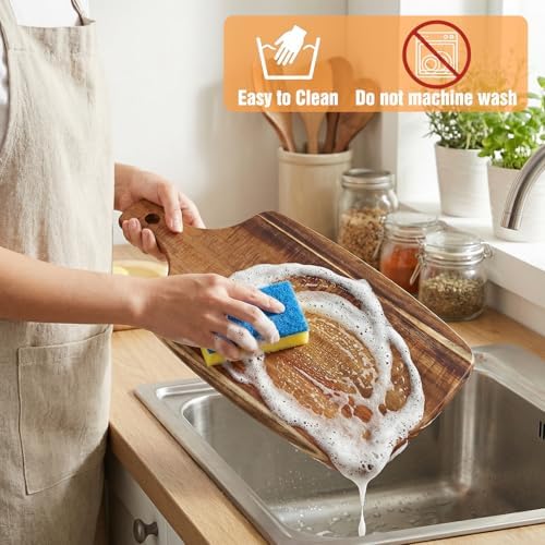 2 Pack Acacia Wood Cutting Board with Handle – 2 Shapes Wooden Charcuterie Board Set, Large Paddle Carving Chopping Block for Meat, Cheese, Fruit, Pizza, Bread – Farmhouse Serving Tray