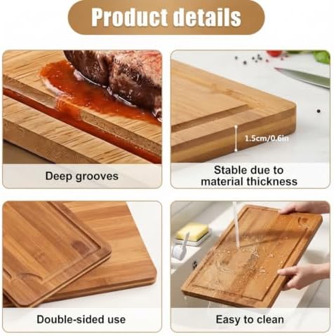 Bamboo Cutting Boards 5-Piece Set (S/M/L) with Juice Grooves &