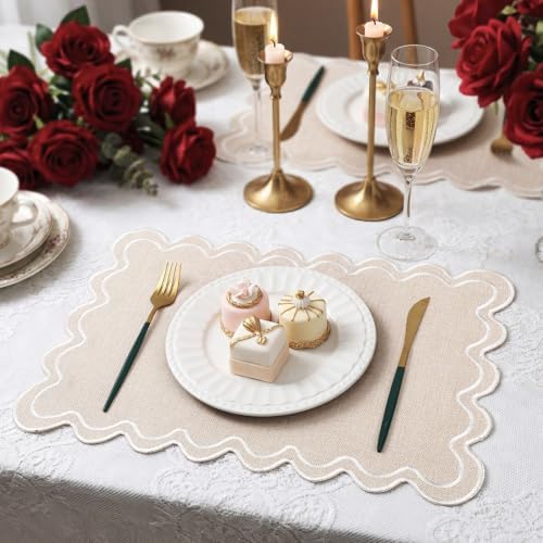Linen Placemats Set of 12 Scalloped Placemat 13 X 19,Regular,Cream