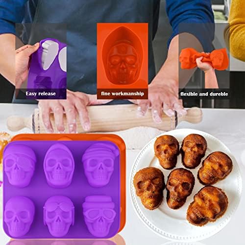 Sakolla Large Skull Cake Pan Silicone Mold, 2 Pack 6 Cavity Halloween