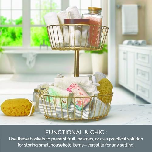 Gourmet Basics by Mikasa Geneva 2-Tier Countertop Fruit Basket Gold-Finish Metal Storage Stand for Kitchen Countertop Organization, Produce Display
