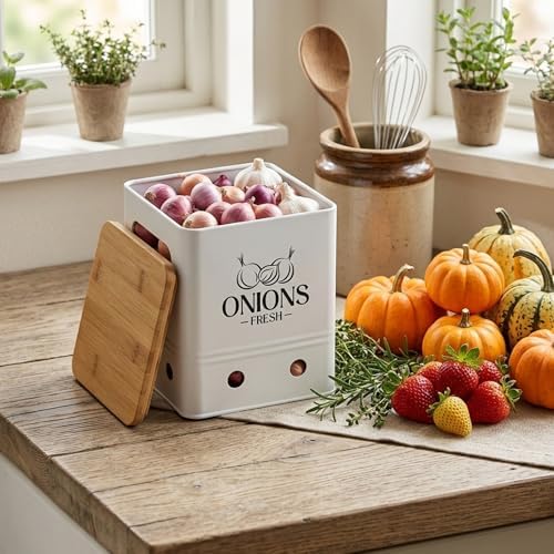 Kitchen Vegetable Storage Tins Set Of 3, Potato Onion Garlic Canisters