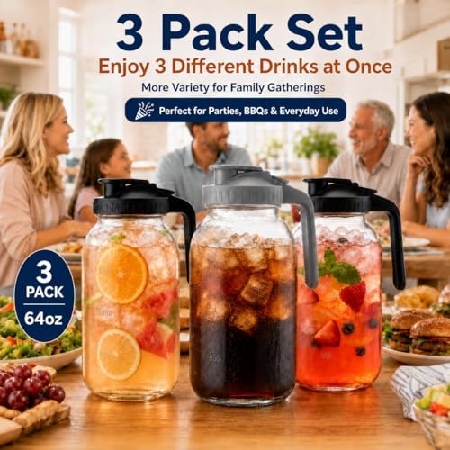 3 Pack 64 oz Pitchers with Lids, Half Gallon Glass Drink Pitchers