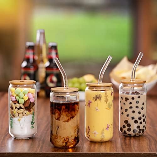 Drinking Glasses with Bamboo Lids and Glass Straw 4pcs Set - 16oz