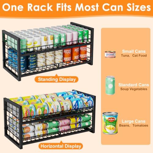 JKsmart 2-Tier Stackable Can Organizer, Extra-Long Can Rack for Pantry Storage, Adjustable Can Dispenser Holds Up to 64 Cans, 12mm Metal Frame, Super Sturdy Holders for Various Canned Food Soda-2 Pack