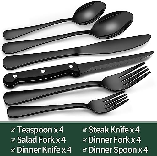 EWFEN 24-Piece Black Silverware Set with Steak Knives, Black Flatware