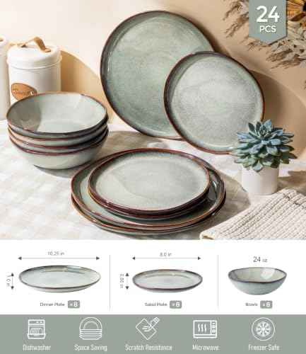 GBHOME Stoneware Dinnerware Sets for 8,24 Piece Rustic Plates and Bowls Set