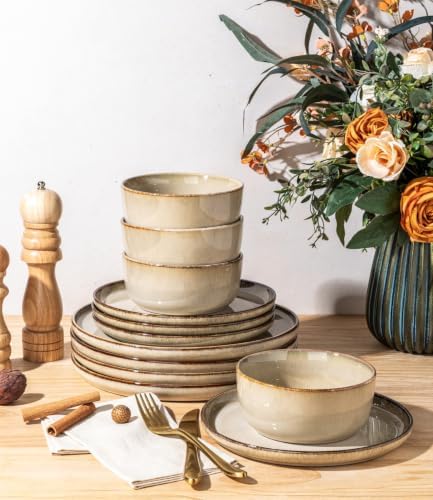 GBHOME Dinnerware Sets for 4, 12 Pieces Ceramic Plates and Bowls Set