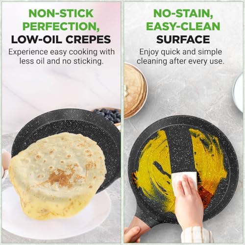 NutriChef 9.45” Non-Stick Crepe Pan with Wooden Spreader, Durable