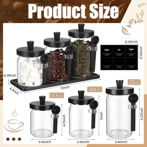 Suclain 3 Pcs Glass Coffee Container Set, 13.5,20,25 oz, Black Bamboo