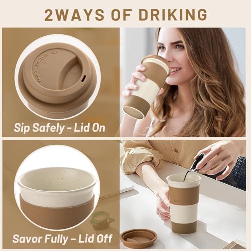 Ceramic Travel Coffee Mug Set, To Go Mug with Silicone Lid&Non-Slip