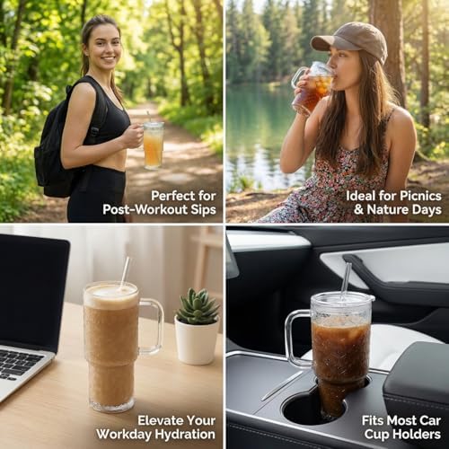 20 oz Glass Tumbler with Lid and Straw, Glass Iced Coffee Cups