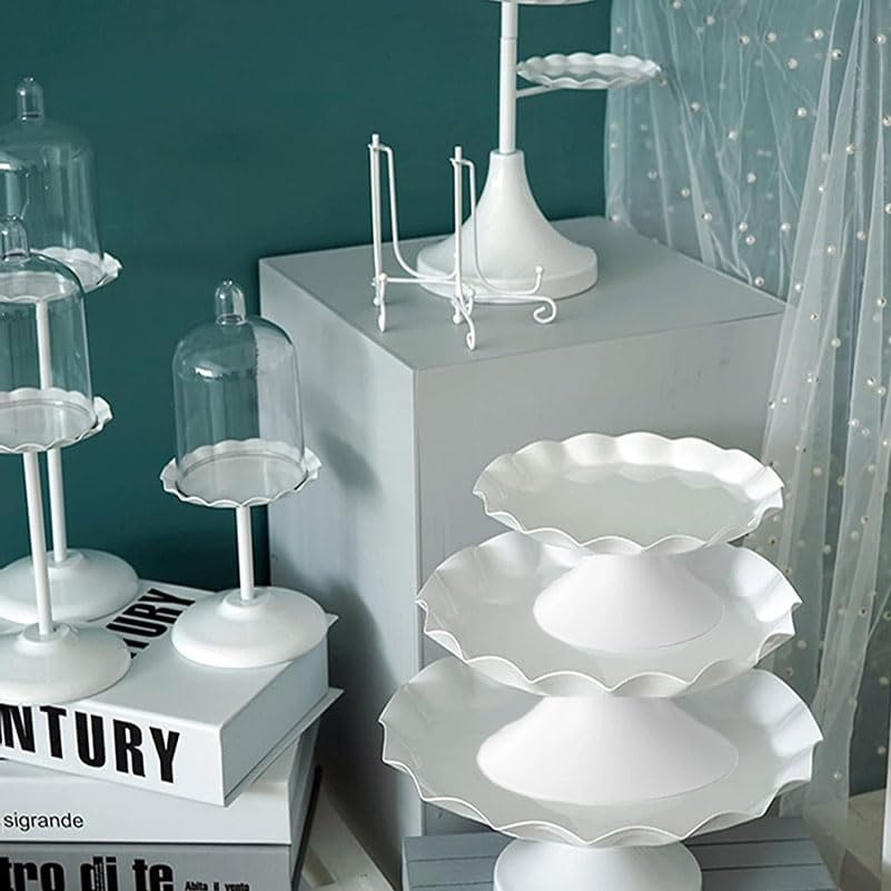 3 Pcs White Metal Cupcake Stand Scalloped Edge Dessert Display Tray
