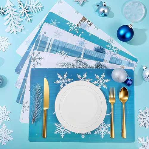 Set of 6 Blue Christmas Placemats 17x12'' Snowman Plastic Place Mats