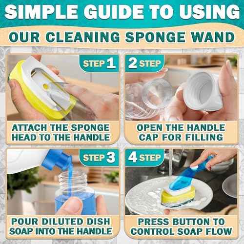 Dish Wand with Soap Dispenser, 7 Sponge Refills, Non-Scratch Head