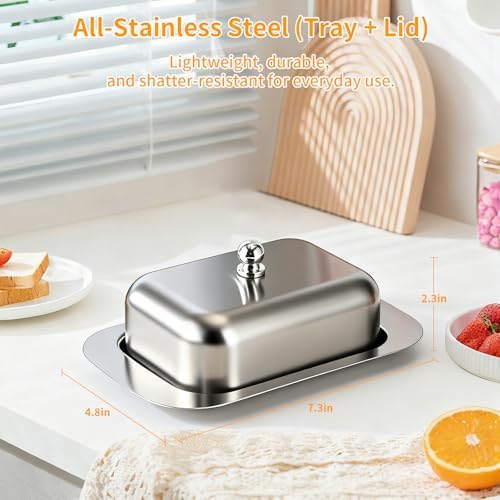 Stainless Steel Butter Dish with Lid and Handle, 7.5" x 5", Fits 2