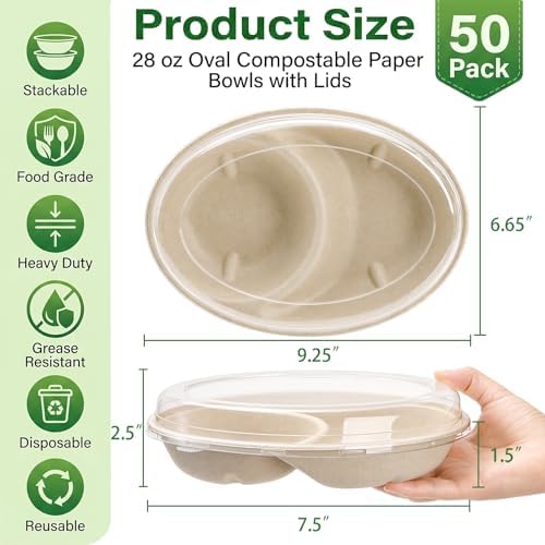 Yesland 50 Pack Compostable Food Containers with Lids, 28oz Bagasse