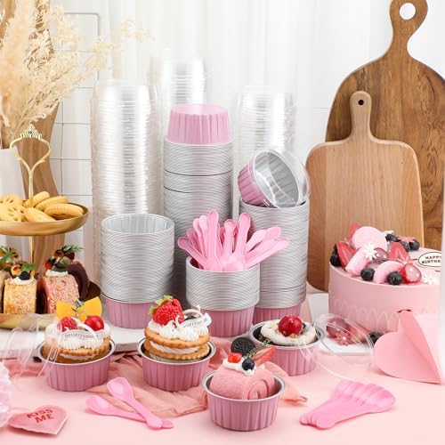 Hushee 300 Set Aluminum Foil Baking Cups with Lid Spoons, Round, Pink