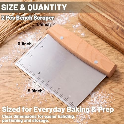 Chumia 2 Pcs Bench Scraper Stainless Steel Dough Cutter Wooden Handle
