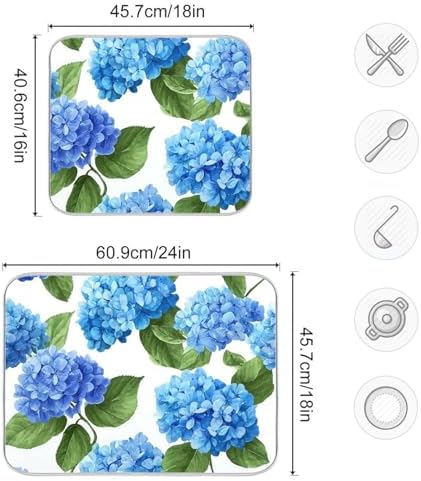 OTVEE Blue Hydrangea Nature Art Dish Drying Mat for Kitchen Counter