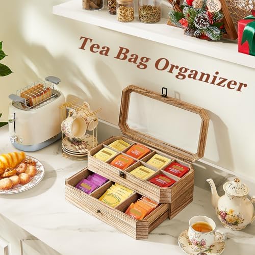 Tea Bag Organizer, Rust Wood 2 Layer Tea Box Organizer Storage