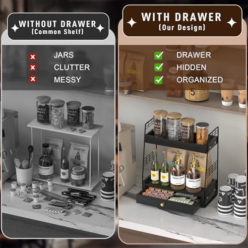 Coffee Bar Station Organizer with Drawer, 2-Tier Countertop Shelf