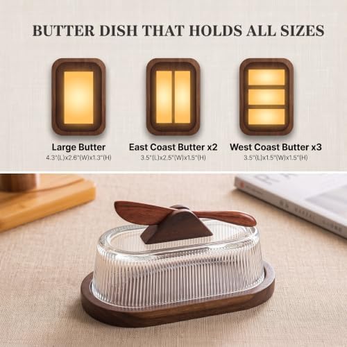 Glass Butter Dish with Lid for Countertop, Wood Base Butter Holder