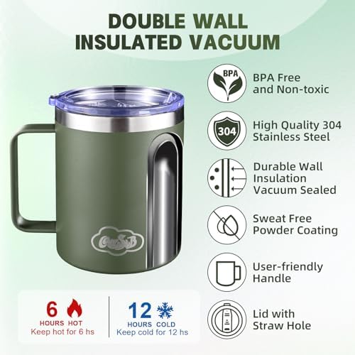 12oz Insulated Coffee Mug with Handle, Stainless Steel Wide Mouth