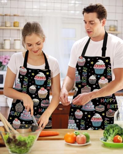 Happy Birthday Aprons for Women Men with Pockets, Cartoon Funny