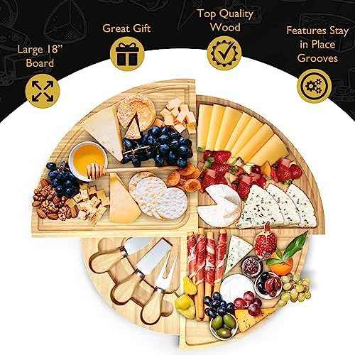 Perlli Bamboo Cheese Board & Knife Set, Large Folding 18 Inch Round Wood Rotating Charcuterie Board Set Cheese Meat Wine Serving Tray Platter, Home Decor