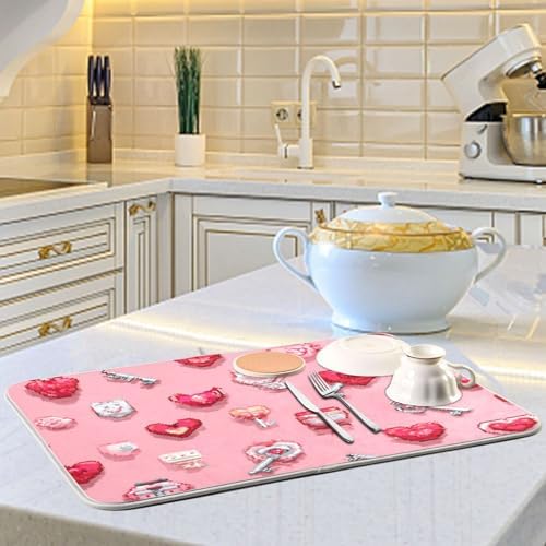 OTVEE Whimsical Pixel Heart Art Dish Drying Mat for Kitchen Counter