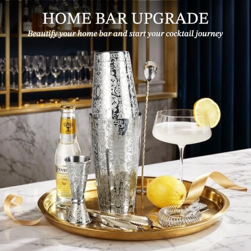 Kitessensu Etched Boston Cocktail Shaker Set, Baroque Scroll Engraved