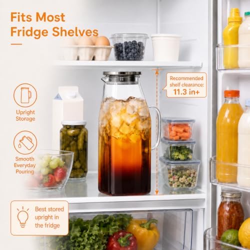68 oz Glass Pitcher with Lid, Water Pitcher for Tea, Juice, Drink
