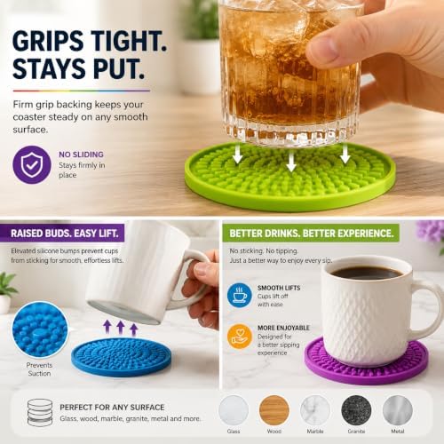 Silicone Coasters for Drinks - Absorbent Rubber Coasters Set of 6